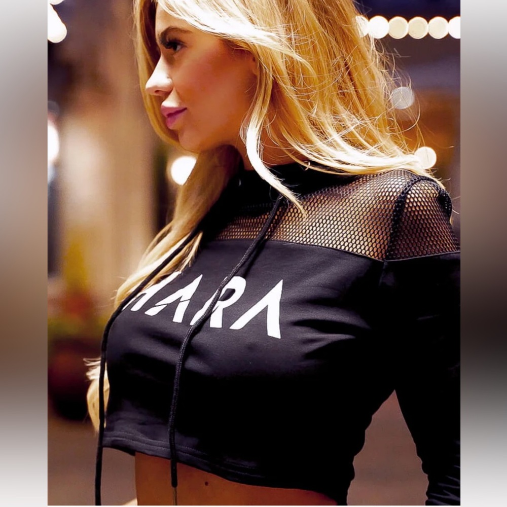 🆕 🖤 NWOT HARA Black Mesh Cropped Hoodie | Women’s S